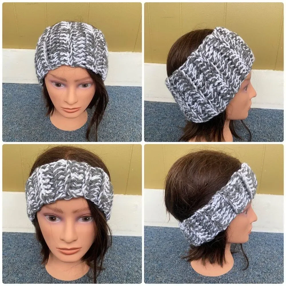 Winter knit headband 2 sizes 5” wide and 3” width grey & white